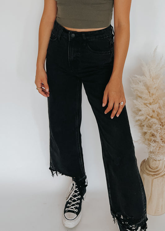 distressed wide leg denim - black